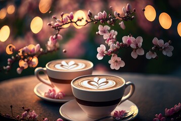 Obraz na płótnie Canvas Artistic beautiful romance two cups of latte coffee or chocolate serve with cherry blossom flower branch, spring season and national spring festival theme drink, idea for background Generative Ai