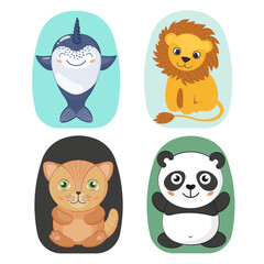 Narval, panda, lion, cat - cute animal characters icons. Vector illustrations for backpacks, luggages
