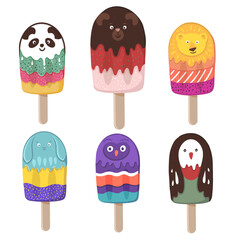 Panda, bear, lion, rabbit, owl, penguin. Fantasy ice creams with animal characters. Hand drawn vector illustrations
