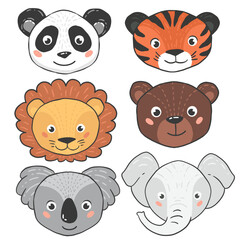 Panda, tiger, lion, bear, koala, elephant. Cute portraits of wild animals for stickers, cards, rugs
