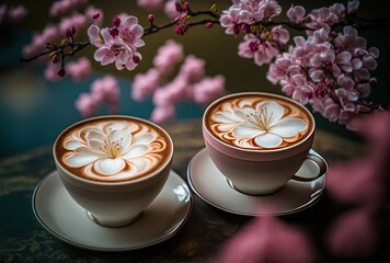 Artistic beautiful romance two cups of latte coffee or chocolate serve with cherry blossom flower branch, spring season and national spring festival theme drink, idea for background  Generative Ai