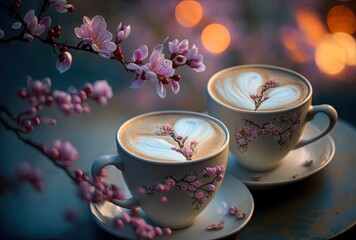 Obraz na płótnie Canvas Artistic beautiful romance two cups of latte coffee or chocolate serve with cherry blossom flower branch, spring season and national spring festival theme drink, idea for background Generative Ai