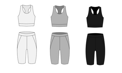 Sketches of fashionable sportswear top and cycling shorts in white, gray and black colors. Outline sport shorts and bra template set, vector. A set of sportswear for cycling, swimming, diving, fitness