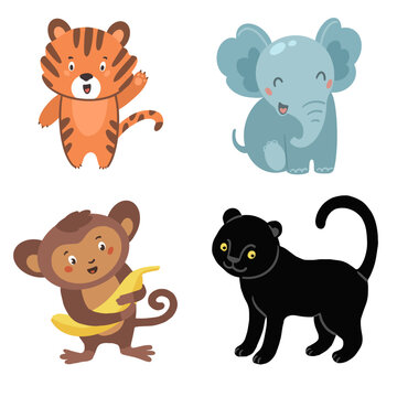 Tiger, elephant, monkey and black panther. A set of cute animals illustrations
