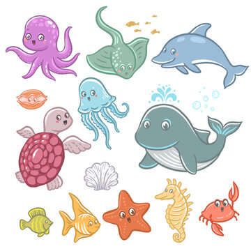 A set of underwater characters- vector hand drawn illustrations with ocean theme
