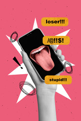 Creative magazine poster collage of hand hold person using gadget texting offensive notification...
