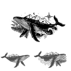 Mountains on humpback whale's back with ocean waves and fern. Hand drawn vector illustrations