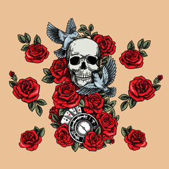Skull with doves , red roses, playing cards and clocks. Vector hand drawn illustrations with tattoo style
