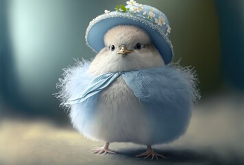 illustration of cute white chicken baby wearing blue fluffy clothes, and hat, walking in spring season garden  Generative Ai