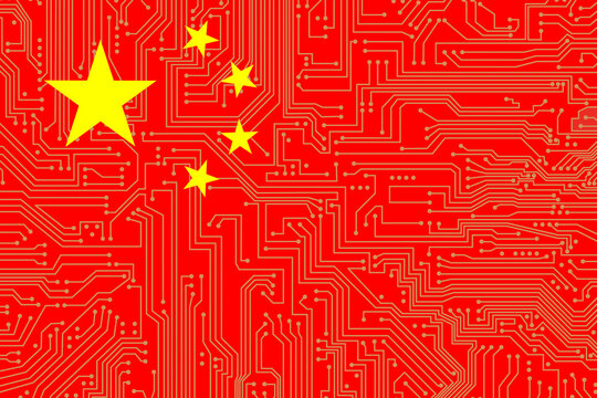 Illustration of a Circuit Board on a Chinese flag