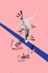 Creative weird painting banner collage of scared man walk rope balance falling down online bullying...