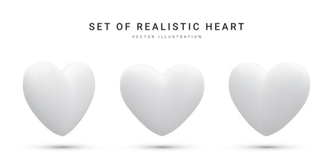 Set of 3d realistic white valentine hearts isolated on white background. Vector illustration