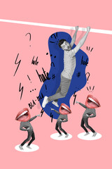 Creative magazine poster collage of weird freak social media people teasing pointing confused...