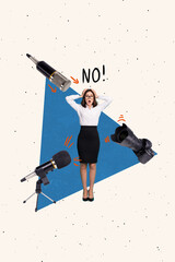 Surreal advert creative collage of popular business lady company owner ignore press conference interview mic video camera