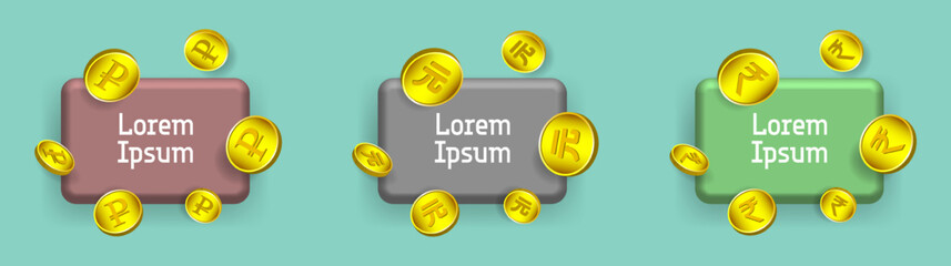 Vector 3d set of gold coins, ruble, yuan and rupee in different projections. Financial sample icons with inscription Lorem ipsum.