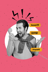 Picture magazine poster collage of angry furious man answer landline call from haters scammers...