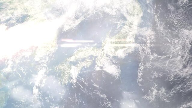 Earth zoom in from outer space to city. Zooming on Sanda, Hyogo, Japan. The animation continues by zoom out through clouds and atmosphere into space. Images from NASA