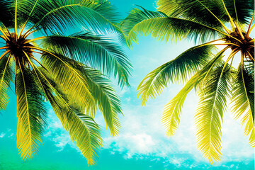 Fototapeta na wymiar Summer beach background palm trees against blue sky banner panorama