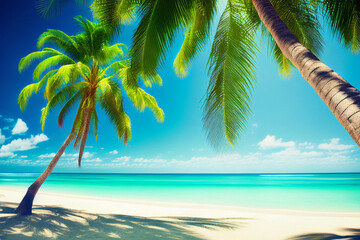 Obraz na płótnie Canvas Summer beach background palm trees against blue sky banner panorama