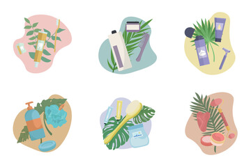 Collection of accessories for personal hygiene on white background