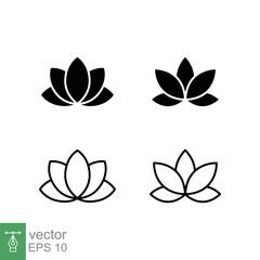 Lotus plant icon set. Simple solid and outline style. Harmony symbol, relax spa flower, petal, leaf, bloom, nature concept. Glyph and line vector illustration isolated on white background. EPS 10.