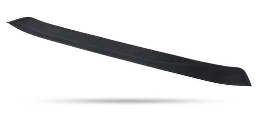 A black plastic decorative door sills in an automobile parsing for sale or repair in a workshop on a white isolated background in a photo studio.