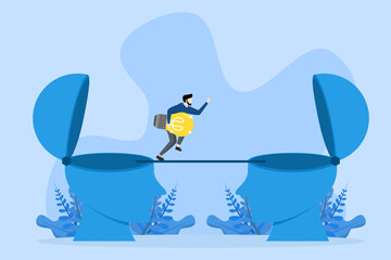 Skills training or work transition concept, sharing knowledge or sharing ideas between employees or team, businessman holding idea light bulb walking on bridge from human head brain to other brain.