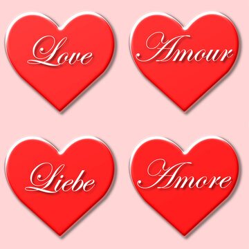 A set of four pink vector graphic hearts with the word for love in four languages all on a pink background. In celebration of St Valentine's day on February the fourteenth