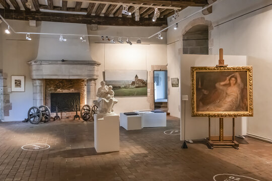 Interior of 12th century Castle Nemours with collections of archaeological finds, earthenware, paintings and sculptures. Nemours, Seine-et-Marne, Ile-de-France, France. August 21, 2021.