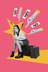 Creative colorful banner collage of unhappy lady sit luggage feel lonely being social outcast bully...