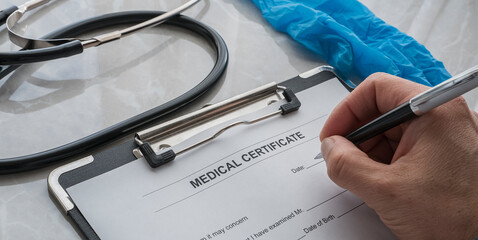 A doctor's hand writing a medical certificate