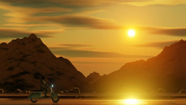 Person rides a retro motorcycle along a mountain road. Mountain landscape at sunset in the background.