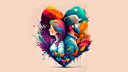 Lovers illustration in a heartshaped background - colorful,vibrant,detailed,fun couple design, love birds design