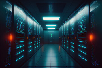 Fototapeta premium Server Racks in Data Center - Fully Operational Racks, Network Security, Telecommunications, AI, Supercomputer. Generative AI