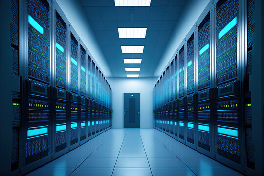 Server Racks in Data Center - Fully Operational Racks, Network Security, Telecommunications, AI, Supercomputer. Generative AI