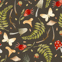 Watercolor berries, mushrooms, butterflies and fern seamless pattern on dark background