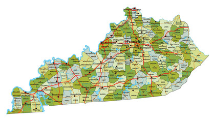 Highly detailed editable political map with separated layers. Kentucky.