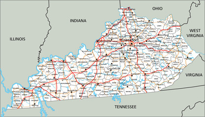 High detailed Kentucky road map with labeling.