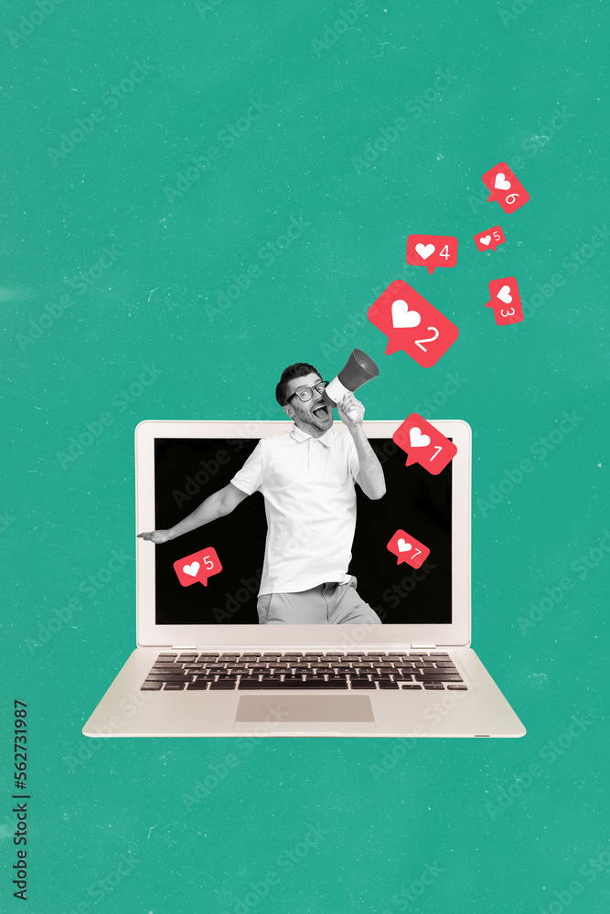 Poster vertical creative photo collage of funny positive man scream in loudspeaker from monitor many likes 
