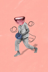 Vertical collage illustration of black white colors guy toothy smile mouth instead head arms hold...