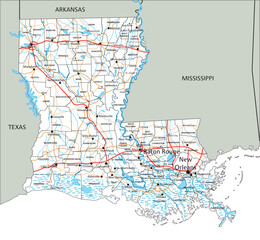 High detailed Louisiana road map with labeling.