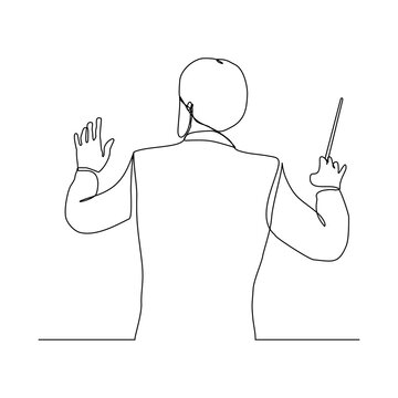 recommend clip art: Continuous single one line art drawing of music conductor directing concert orchestra performance with stick and notes book. Vector illustration