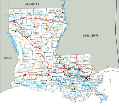 High detailed Louisiana road map with labeling.