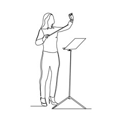 Continuous single one line art drawing of music conductor woman directing concert orchestra performance with stick and notes book. Vector illustration