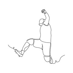 Continuous single one line art drawing of football soccer player celebrating victory success goal on competition. Vector illustration