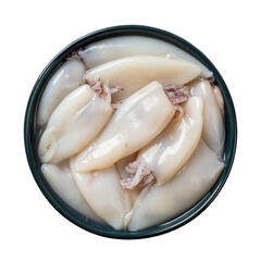 Fresh squid tubes in a blue bowl cutout. Raw calamary fillet on a plate isolated on a white background. Small squids prepared for cooking low calorie dish. Seafood concept.