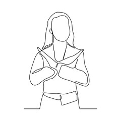 Continuous single one line art drawing of woman crossing hands gesture say no stop rejection ban or enough