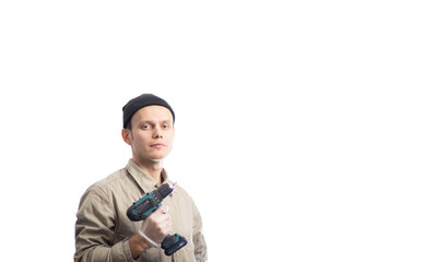 man with a screwdriver in his hands on a white background, a foreman in uniform.