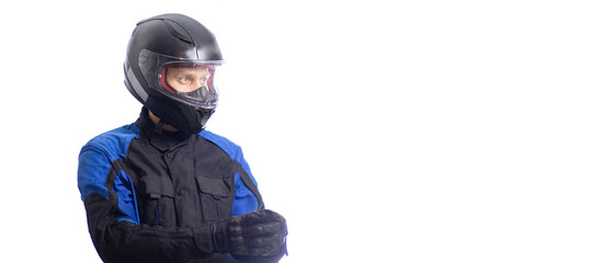 motorcyclist biker in moto equipment helmet and jacket gloves on a white background.