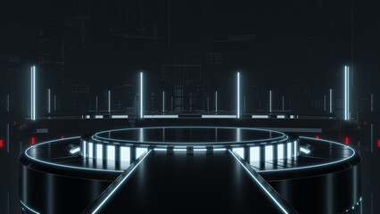 Dark futuristic circular stage, pedestal or portal with white blue lights, for the presentation of products. - 562733502